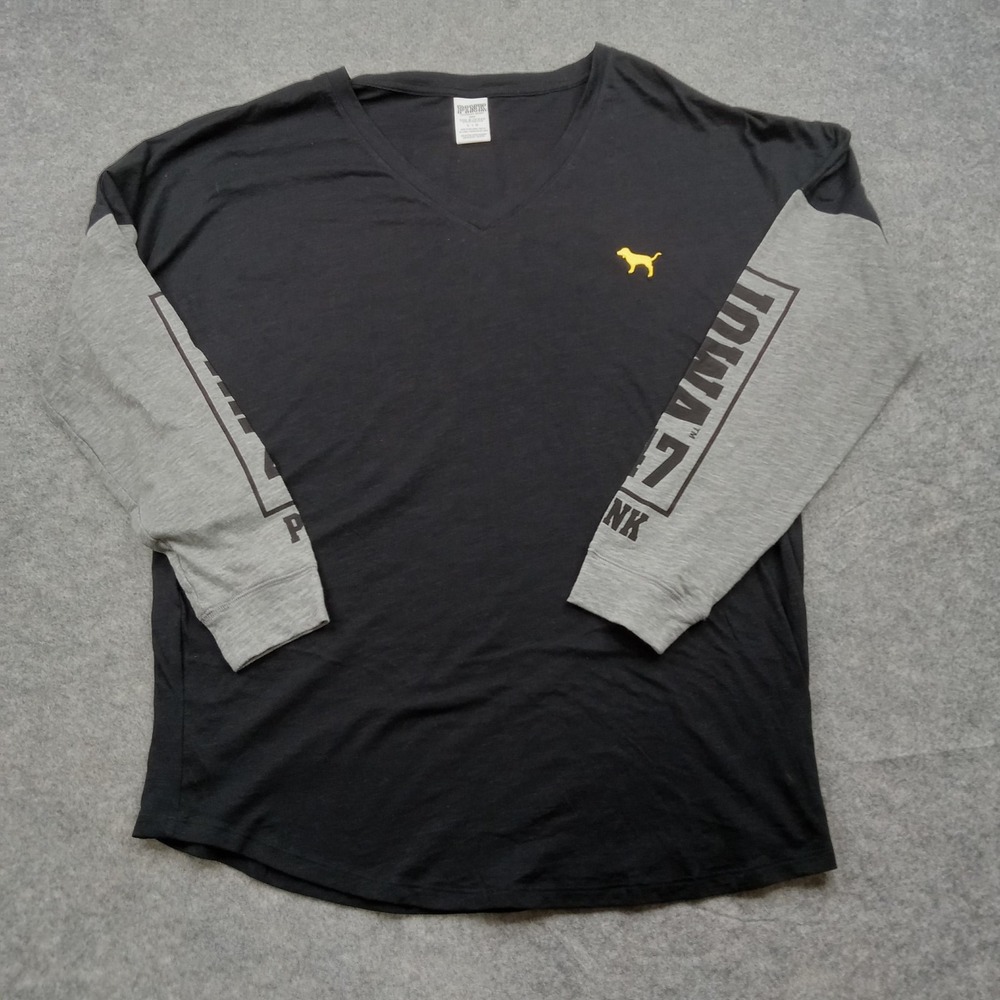 PINK Victoria Secret Top Womens Large Black Gray Iowa Hawks V Neck Shirt School‎